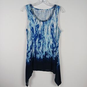 Rose Olive XL Beaded Sleeveless Top Shark bite Hem Blue